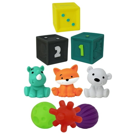 Infantino Tub O' Toys Textured Balls, Blocks and Animal Pals, 0-12 Months, 9-Piece Set, Multicolor