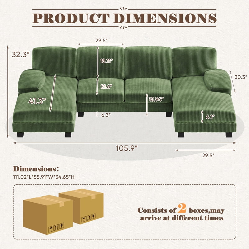 Homall U Shaped Sectional Sofa with Soft Corduroy Sofa Couch with Double Chaise for Apartments,Living Room, Corduroy Green