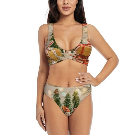 Zeuib Holiday Christmas Stars High Waisted Tummy Control Bikini Set - Knot Front Push Up Top & Cheeky Thong Bottom  Two-Piece Swimsuit for Women-XX-Large