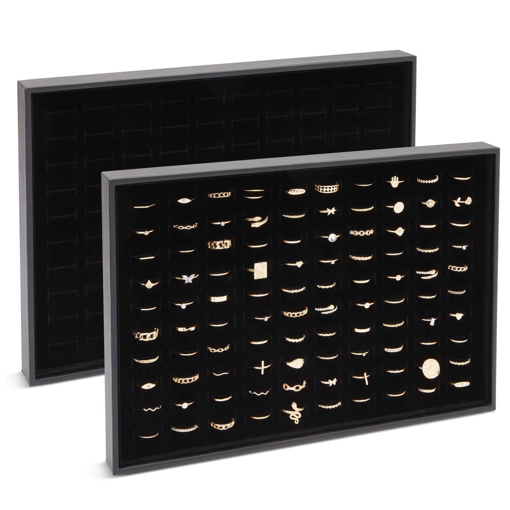 Juvale Ring Display Tray - Velvet Protection & Jewelry Display - Removable Pad & Earring Storage - Stackable Jewelry Trays & Glasses Holder for Nightstand - Pack of 2, 13.8 x 9.5 x 1.3 in, Black