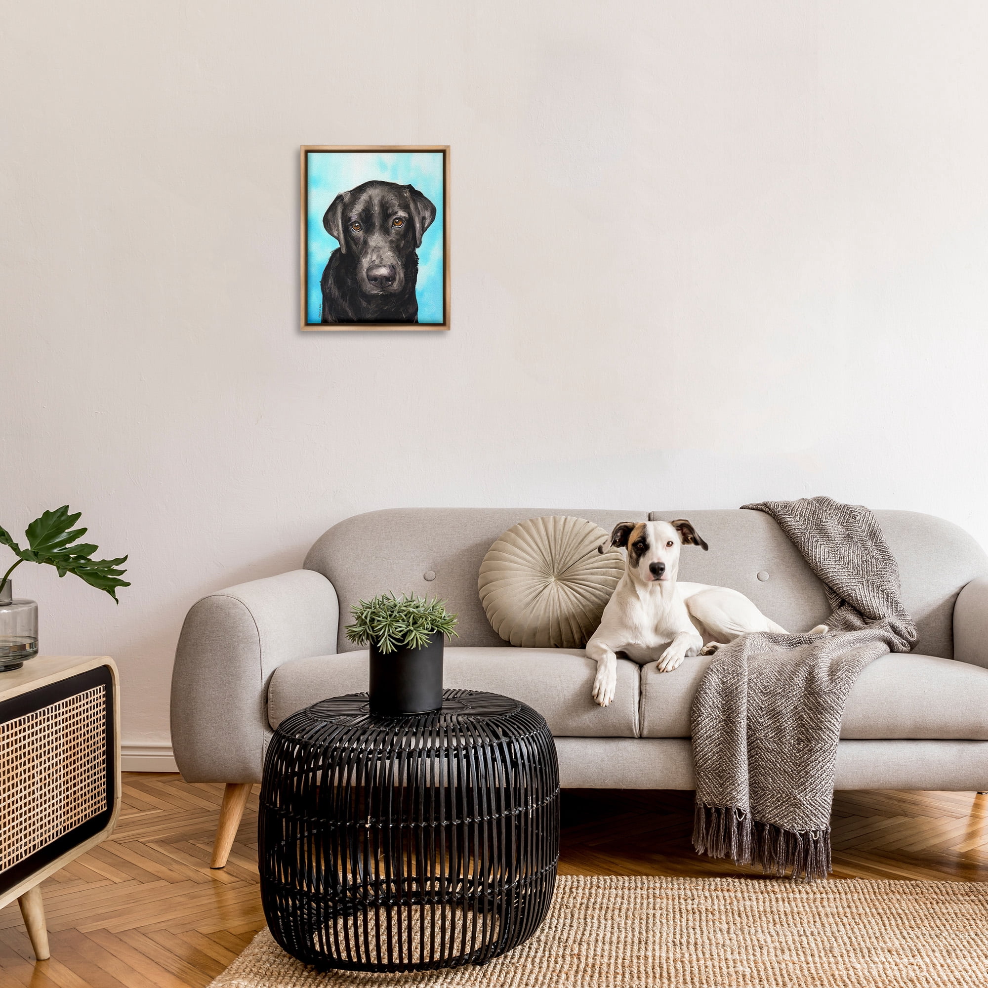 Stupell Industries Black Lab Portrait on Blue Animals & Insects Painting Brown Floater Framed Canvas Art Print Wall Art, 17 x 21