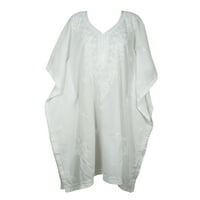 Mogul Women Pure Cotton White Floral Caftan Embroidered Maternity Loose Cover Up Dress L