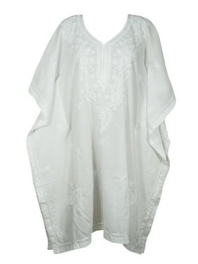 Mogul Women Pure Cotton White Floral Caftan Embroidered Maternity Loose Cover Up Dress L