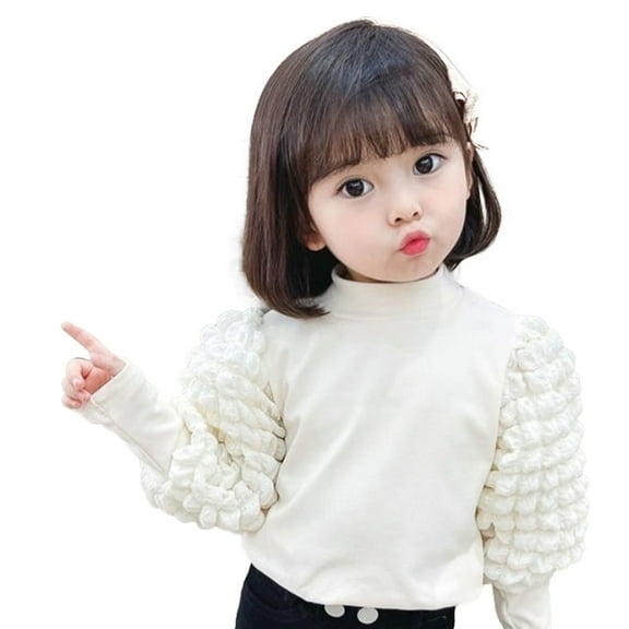 Esaierr Toddler Baby Girls Pullover T Shirt Top for Kids Knit Long Sleeves T-Shirt Solid Color Bubble Sleeves Autumn T-Shirt for 2-7Y