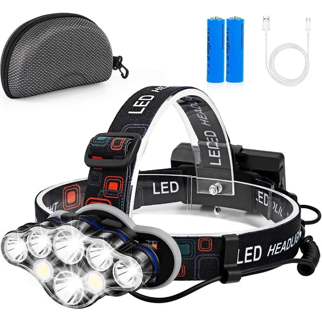 Linterna frontal, luz LED superbrillante de 13000 lúmenes, 8 luces LED, recargable por USB, ajustable, resistente al agua para acampar, pescar, cuevas, trotar y caminar Rojo Verde Cocina, Decoración y Otros