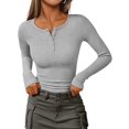thumbnail image 5 of Women'S Long Sleeve Shirts Henley Casual Fall Outfits Fitted Tops Ribbed Fashion Basic Tees Gray L, 5 of 8