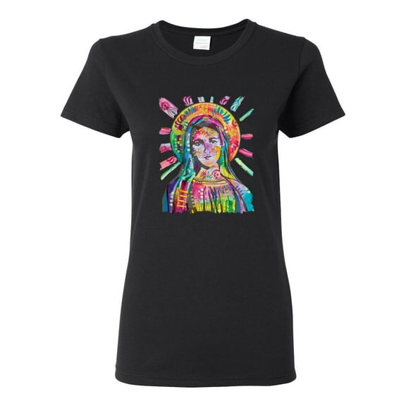 Wild Bobby Rainbow Painted Mother Mary Dean Russo Design Inspirational/Christian Women Graphic Tee, Black, Small