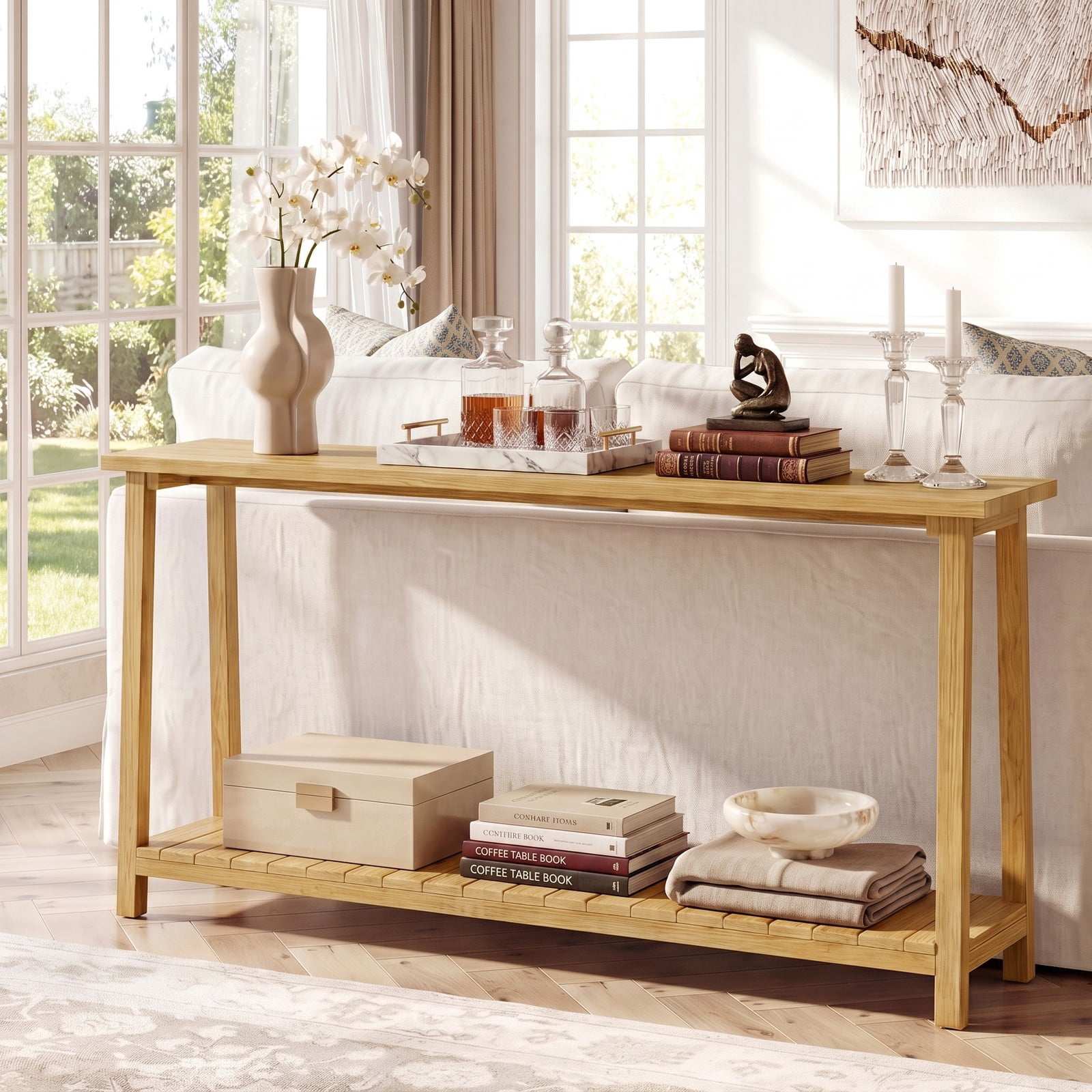 Furnibear 2-Tier Farmhouse Sofa Table with Solid Teak Wood Frame and Open Storage Shelf for Living Room and Entryway, Natural