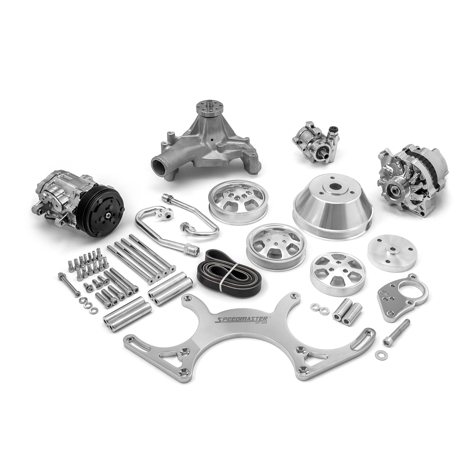 Speedmaster 1-673-001-02 Compatible with Chevy SBC 350 Aluminum Complete Serpentine Belt Drive System Kit [Polished]