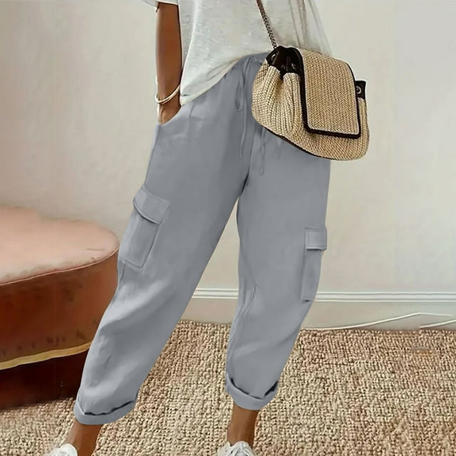 Soki Women's Cotton Linen Drawstring Pants Wide Leg Beach Trousers with Pockets