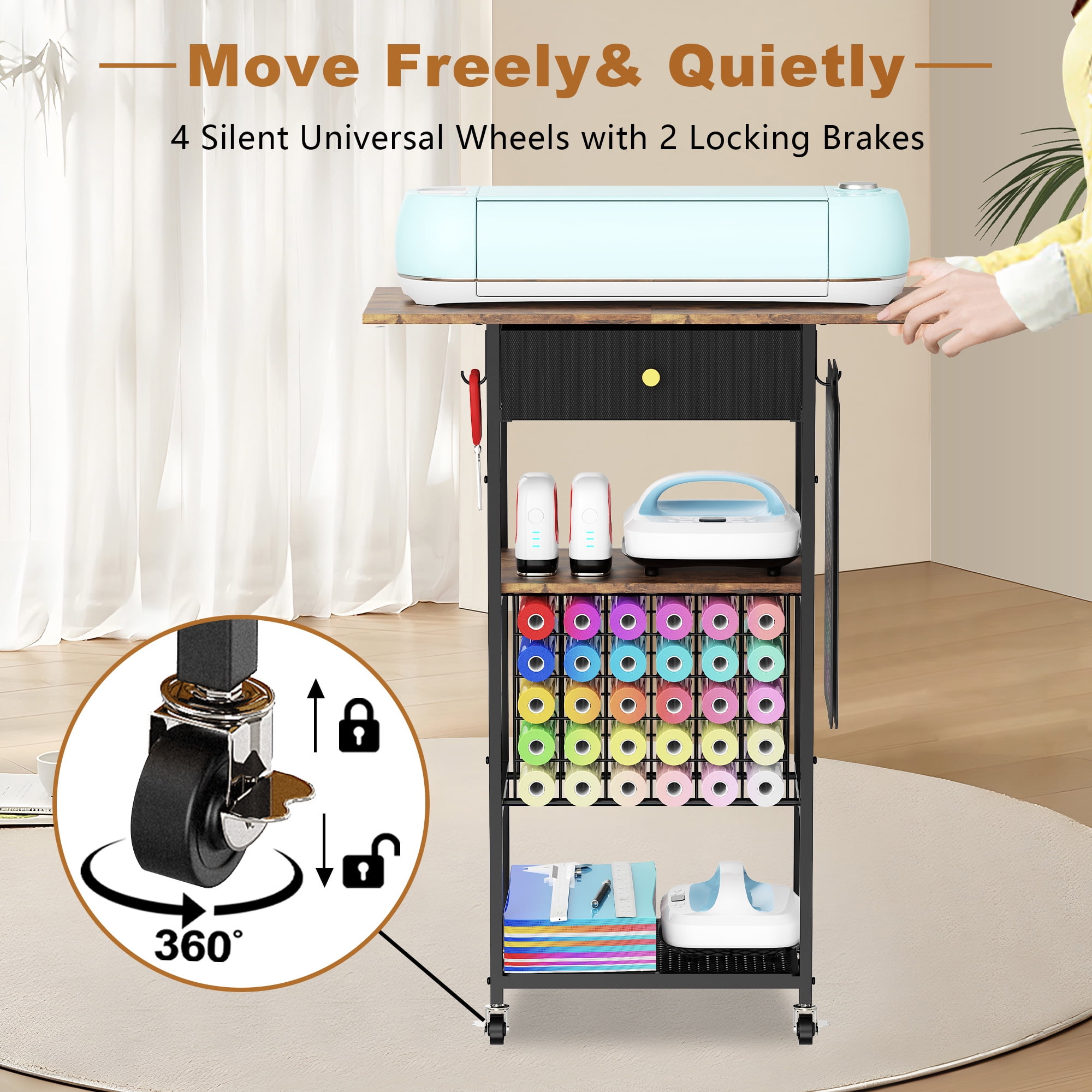 Rolling Craft Storage Table with 30 Vinyl Roll Holder and Drawer, Craft Storage Organizer Compatible with Cricut Machine, Mobile Craft Storage Cabinet Workstation for Craft Room Home (Black)