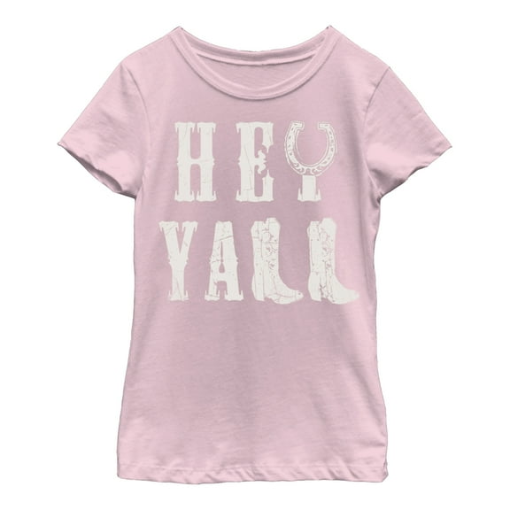 Girl's CHIN UP Hey Y'All Cowboy Boots  Graphic Tee Light Pink Small