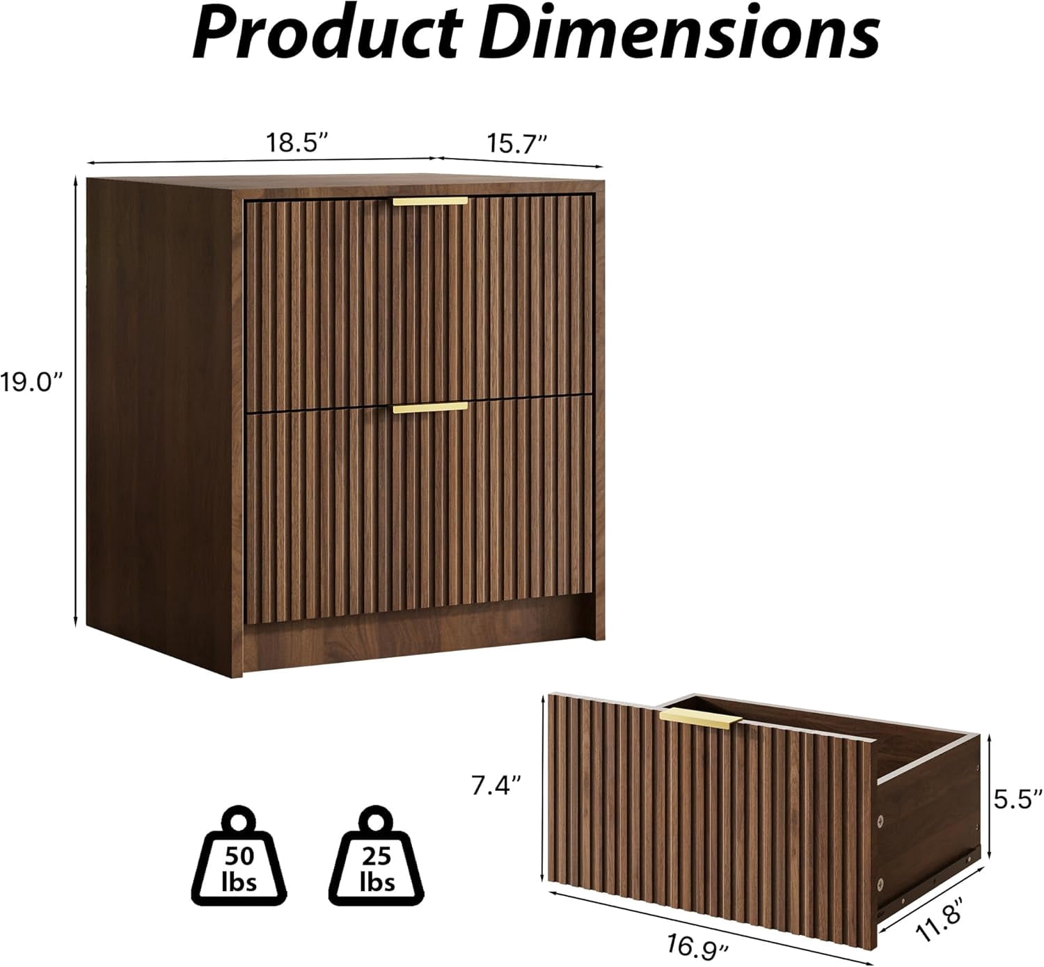 FURNIWAY Set of 2 Fluted Nightstand with 2 Drawers, Modern Storage Bedside Table with Golden Metal Handles, Wooden End Table for Bedroom, Living Room,Walnut