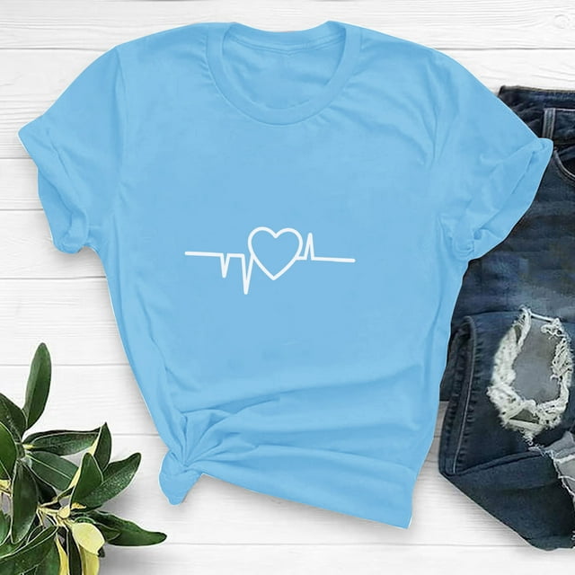 QIPOPIQ T-Shirts Graphiques pour Femmes Saint-Valentin Manches Courtes Chemises Imprimées Cœur Blouse Tops Liquidation