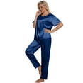 thumbnail image 4 of DAKIMOE Womens Silk Satin Pajama Set Short Sleeve Shirt with Long Pajamas Pant Set Two-piece Pj Sets Soft Sleepwear Loungewear Nightwear Pjs S-2XL, Navy Blue, S, 4 of 11