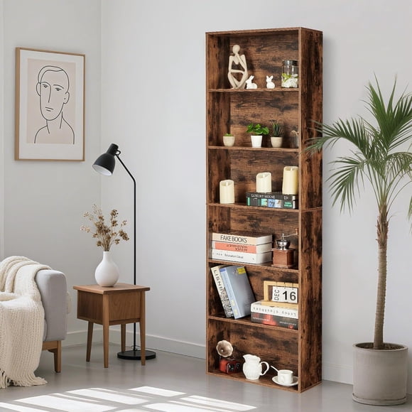 Eastvita 71-inch Rustic Wood 6-shelf Industrial Bookcase for Home Office Library Living Room Bedroom or Kitchen - Brown 250 Lb Total Weight Capacity