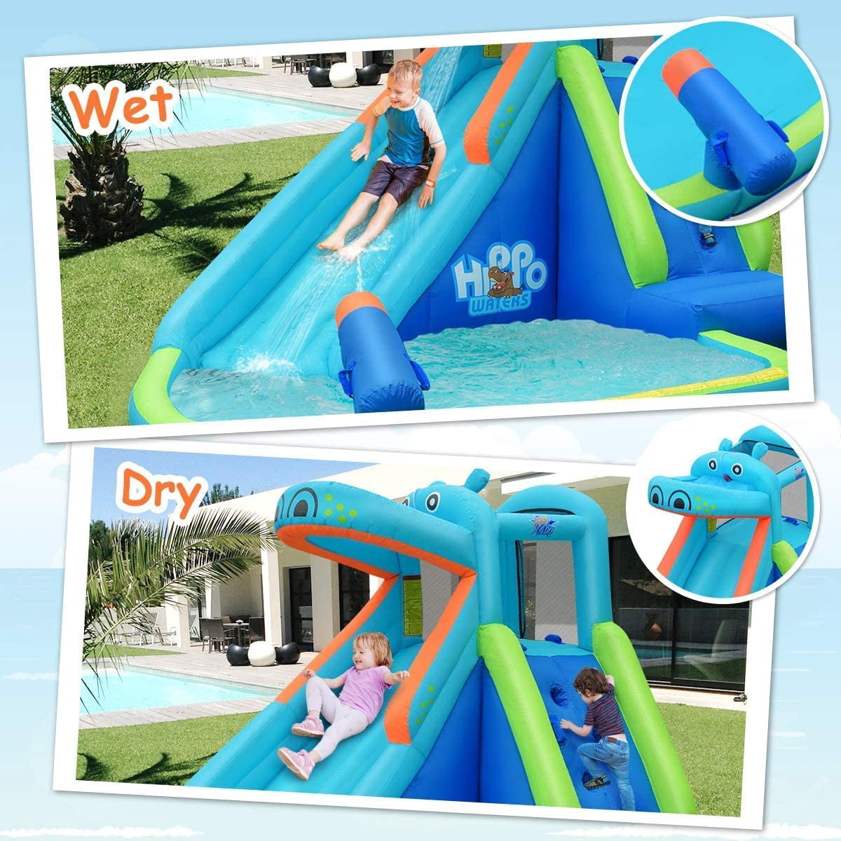 OLAKIDS Inflatable Water Slide, Hippo Themed Bouncer Castle with Slide, Splash Pool, Climbing Wall, Water Blaster, Kids Outdoor Water Park with Hose, Carry Bag, Blower