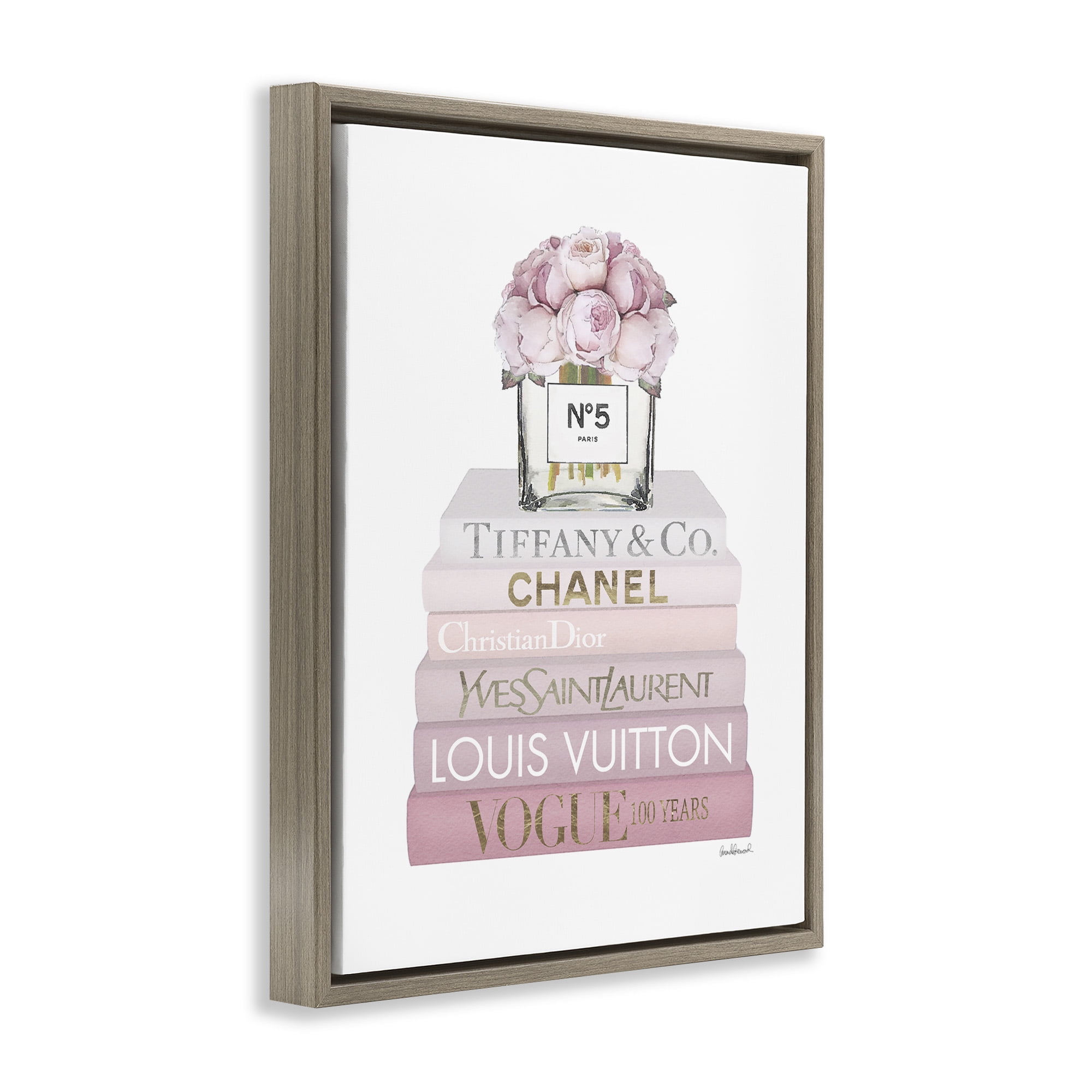 Stupell Industries Pink Rose Bouquet Bookstack Beauty & Fashion Painting Brown Floater Framed Canvas Art Print Wall Art, 17 x 21