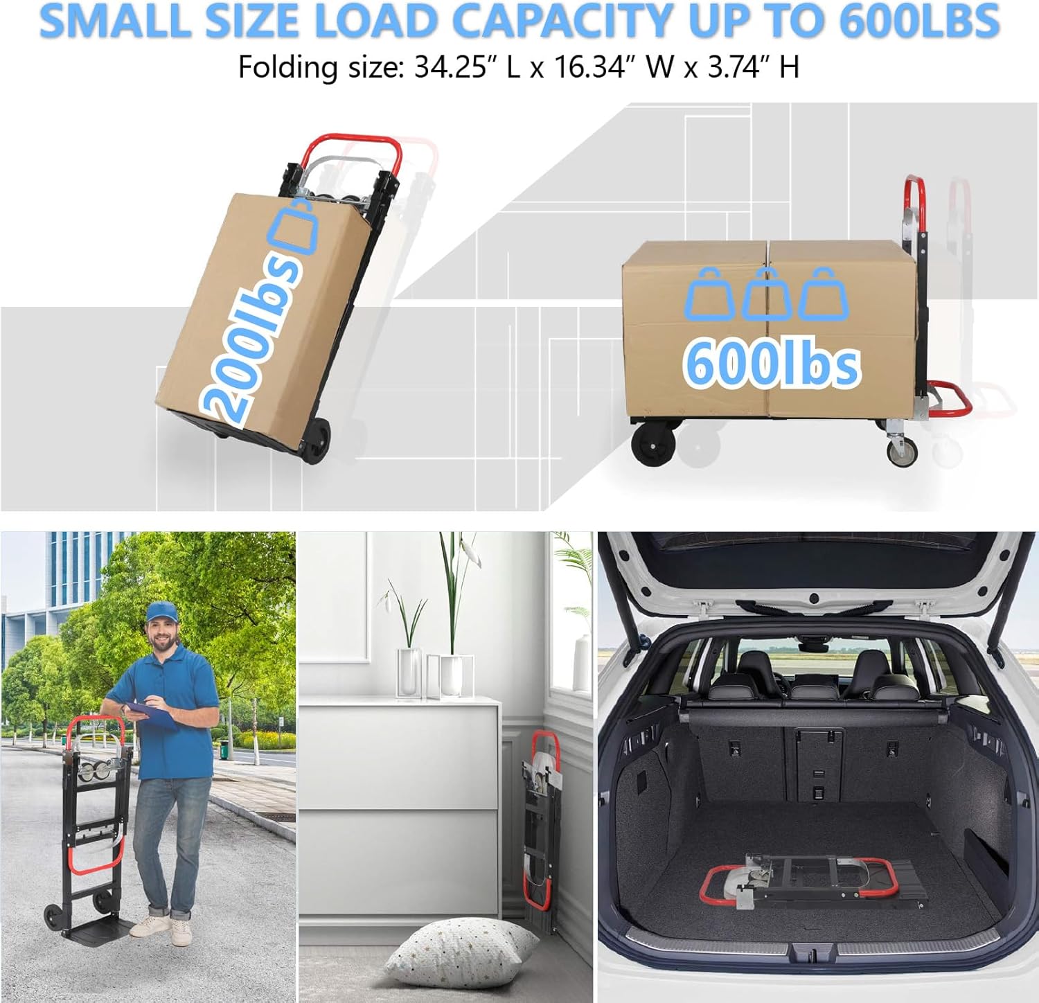 3 in 1 Convertible Hand Truck, Folding Dolly Cart with Retractable Handle, 600LBS Heavy Duty Aluminum for Luggage and Moving