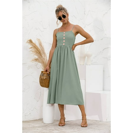 Sexy Smocked Back Button Halter Long Dress