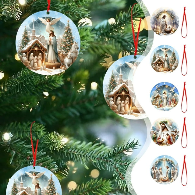 Wooden Nativity Scene Ornaments for Christmas Tree - Religious Decor with Carved Nativity Design
