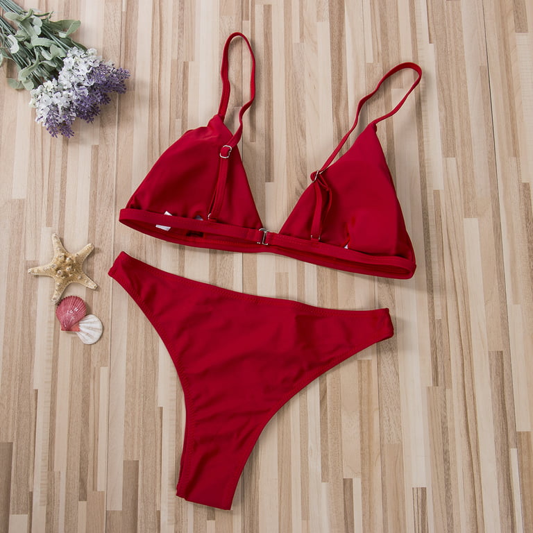 Caitzr Women Spilt Swimwear Solid Color Bikini Set V Neck Single