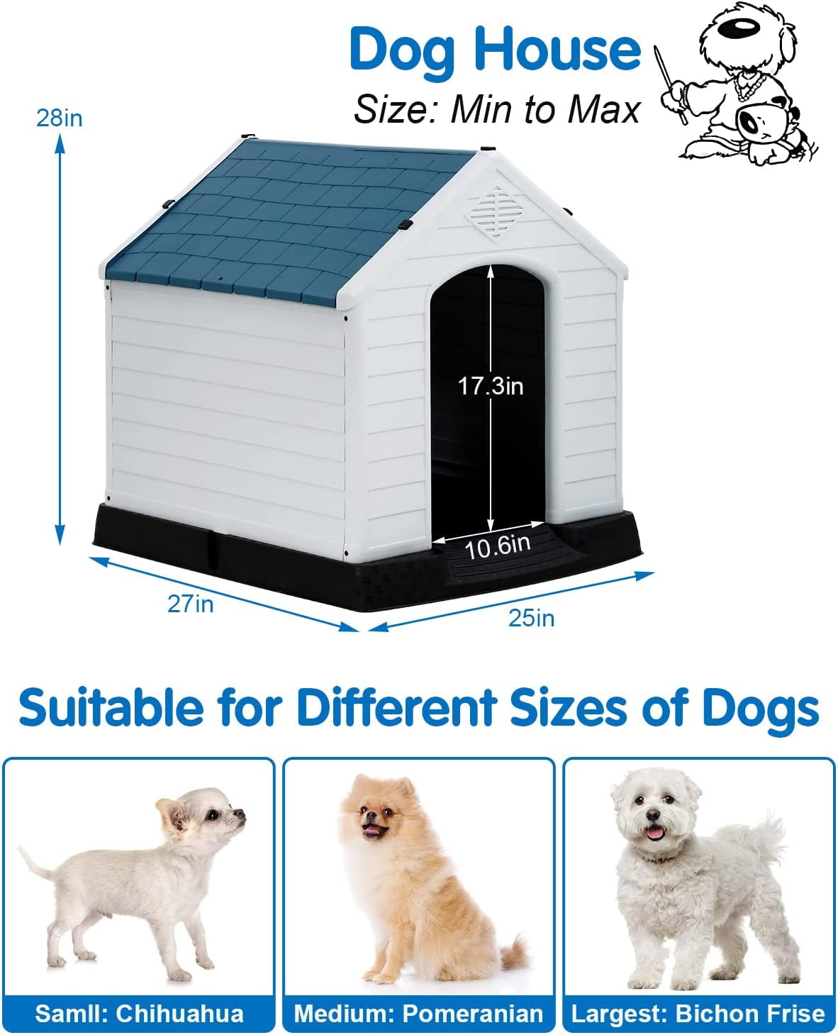 BIQWBIC 28 inch Dog House Small Plastic Portable Dog House for Balcony, Blue