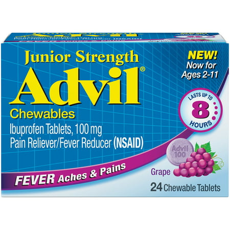 Advil Junior Strength Fever Reducer / Pain Reliever Chewable Tablets, 100mg Ibuprofen (Grape Flavor, 24
