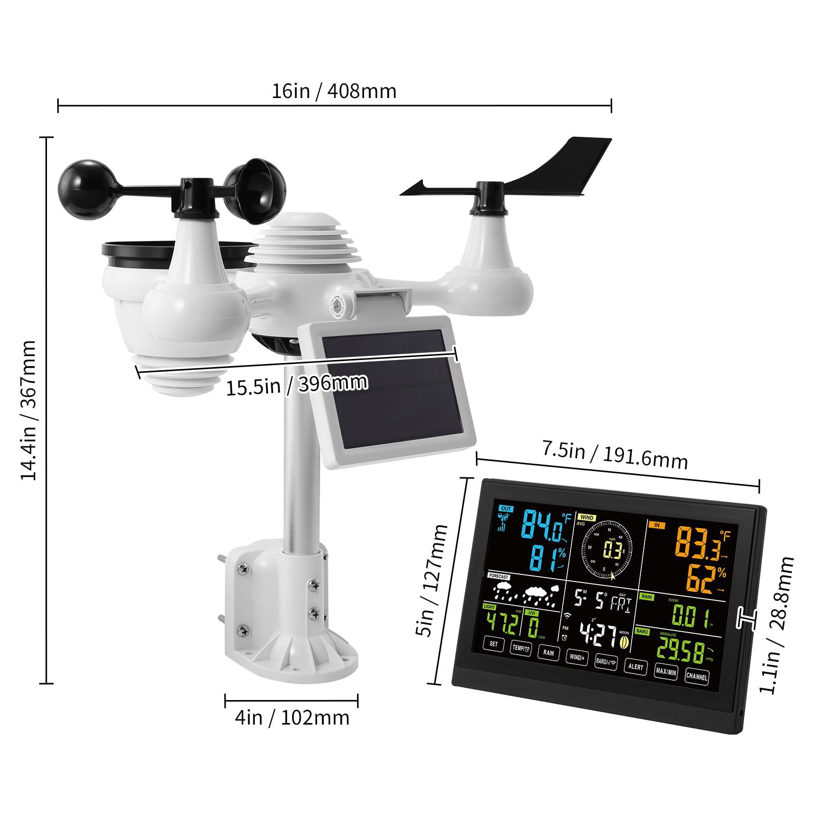 7-in-1 Wi-Fi Weather Station, 7.5 Inch Color Display, Solar Wireless Outdoor Sensor, 150M Transmission, for Temperature, Humidity, Wind Speed/Direction & Rain