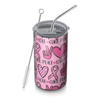 20oz Coffee Tumblers Pink Breast Cancer and Love Stainless Steel Vacuum Insulated Travel Tumbler Coffee Cups Mug with Lid and Straw with Cleaning Brush for Cold & Hot Drinks
