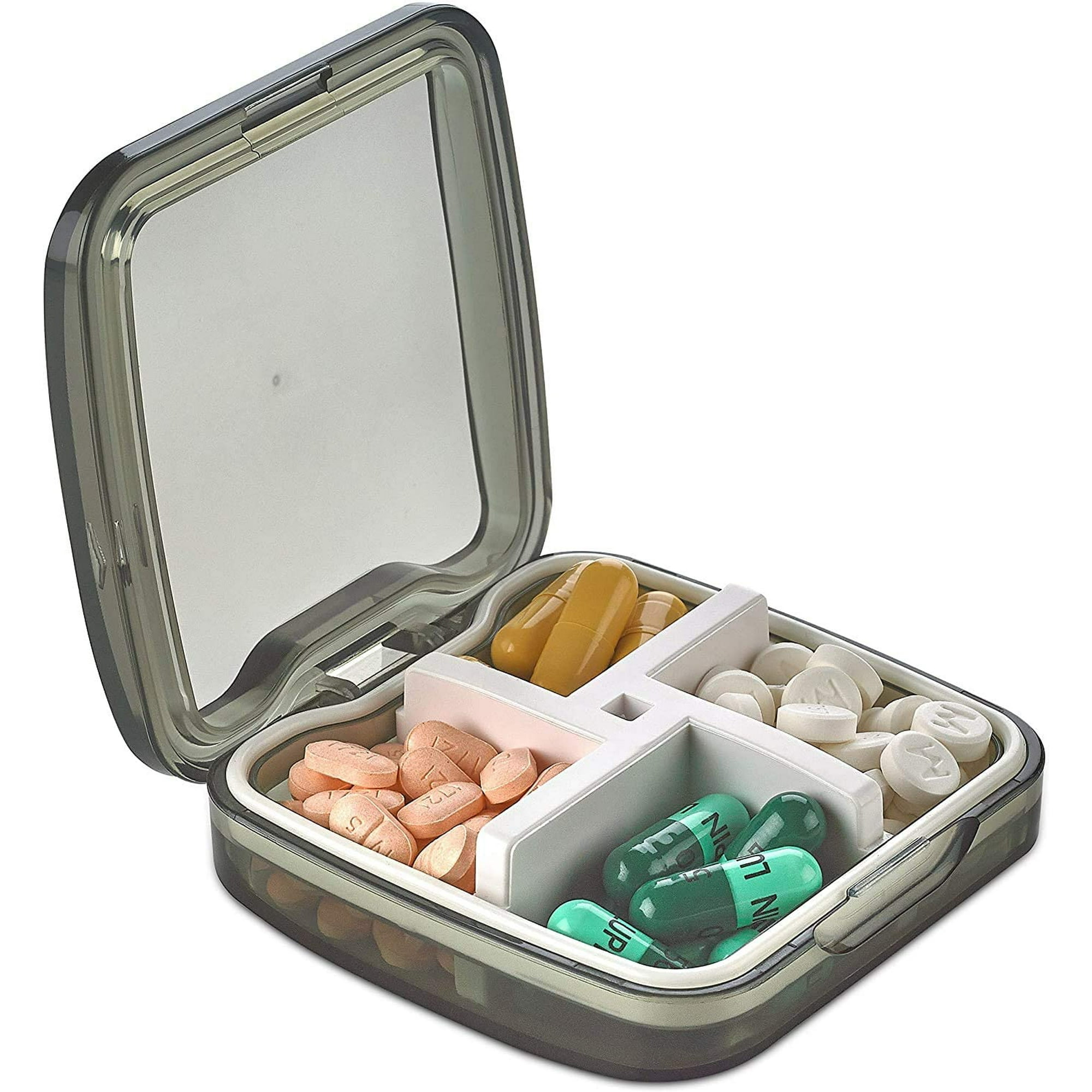 Compact Pill Box Organizer Portable Waterproof Medicine Organizer and Daily Pill Container with Removable 4 Compartment Divider Durable ABS Silicone Pills Case Fits Pocket and Purse Black Walmart