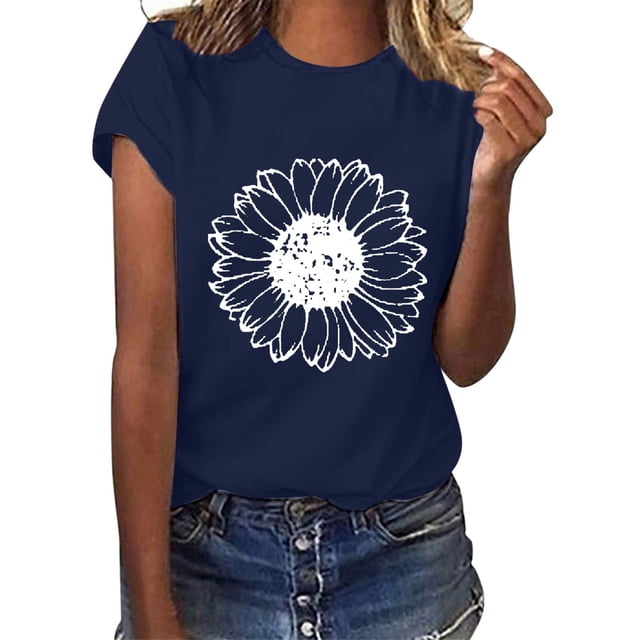 EQWLJWE Hauts pour Femmes, Chemises Mignonnes Grande Taille Col Rond Imprimé Manches Courtes T-Shirt Décontracté Blouse Ample Rabais