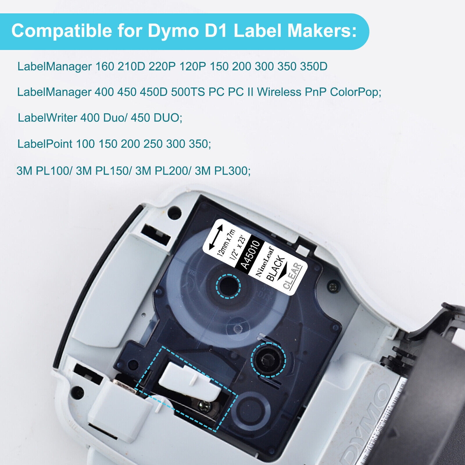 NineLeaf 5PK Compatible for DYMO D1 45010 1/2" x 23' (12mm x 7m) Black on Clear Label Maker Tape for Label Manager 100 120P 160 210D
