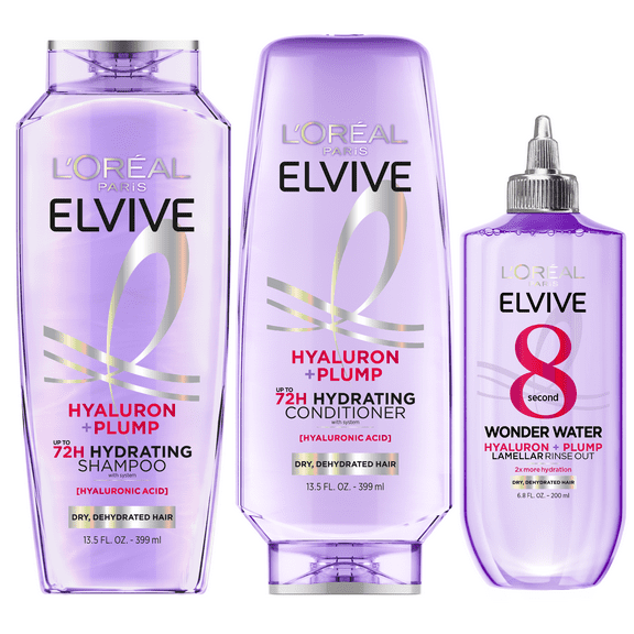 L'Oreal Paris Elvive Hyaluron Plump 72H Hydrating Shampoo, Conditioner, & Wonder Water Set, 13.5 fl oz