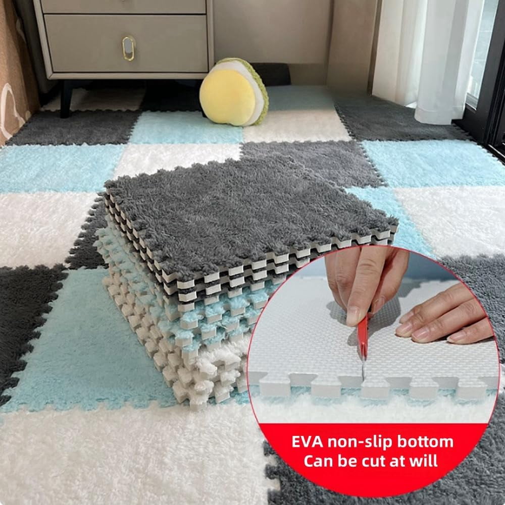 12pcs Carpet Squares Puzzle Floor Mat, Plush Interlocking Carpet Tiles, Anti Slip EVA Foam Jigsaw Floor Tiles, Build A Safe Area for Bedroom Playroom (Beige+Black)