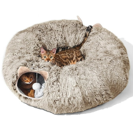 Cat Tunnel With Bed Brown Plush Indoor Play for Small Medium Large Kittens