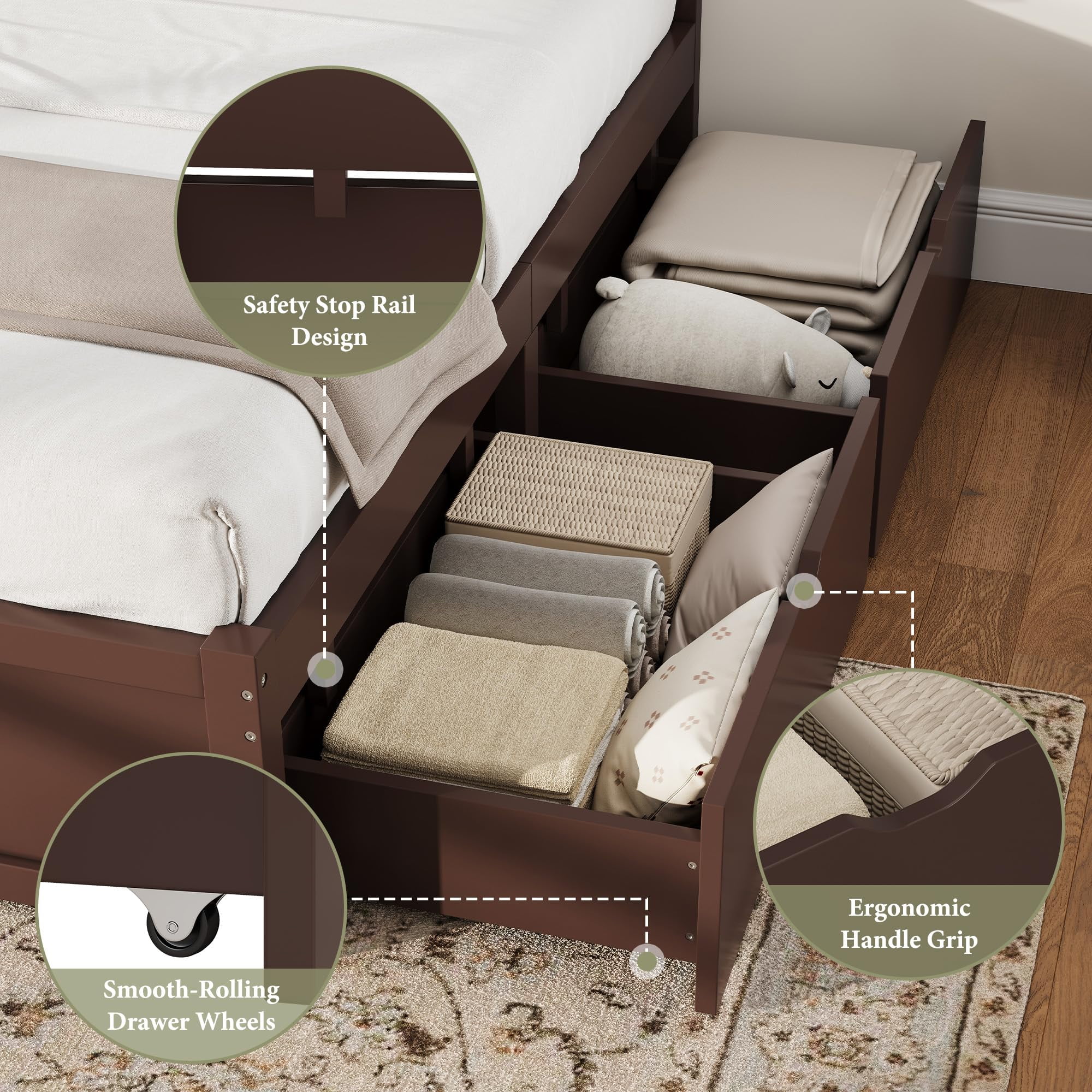 Amerlife Queen Size Solid Wood Bed Frame with 50" Tall Headboard, Mid-Century Modern Bed with, Wooden Platform Bed with 2 Drawers, Espresso