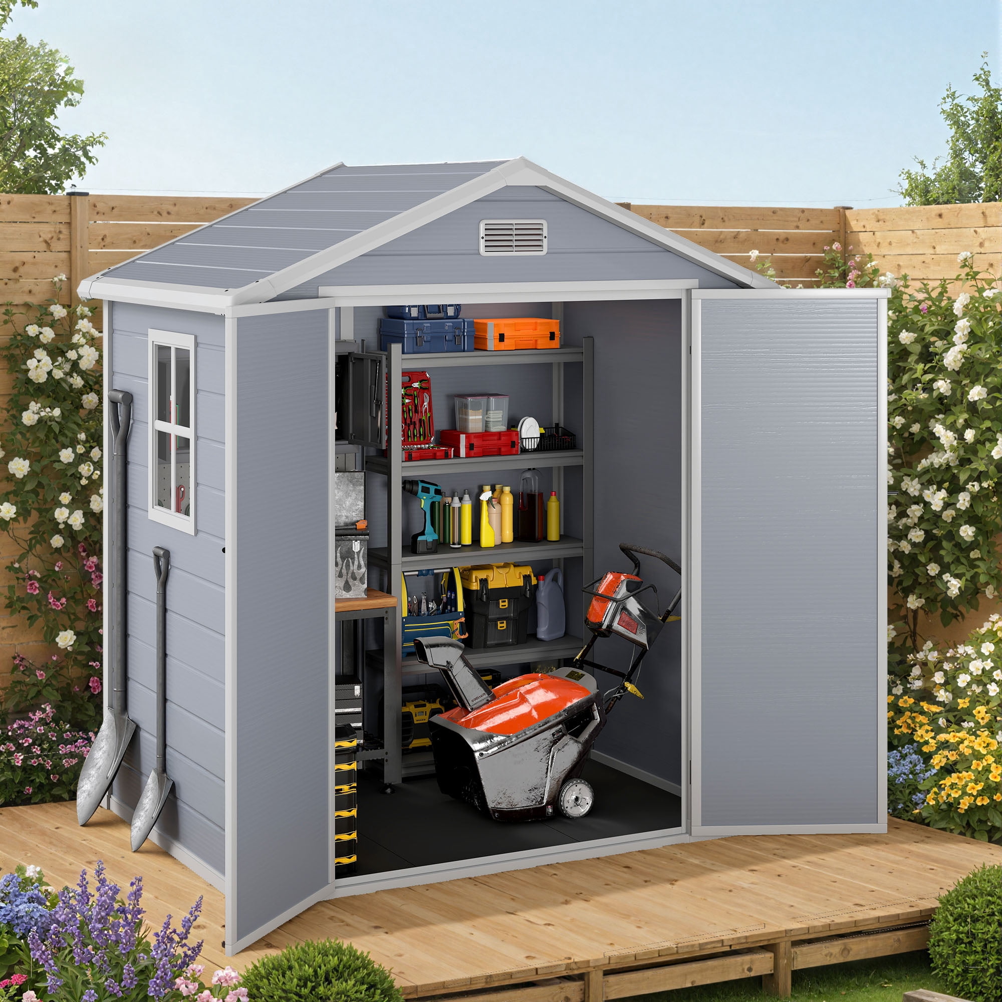Uforic 6'x4.4' Resin Outdoor Storage Shed, Reinforced Floor, Lockable Door, Window & Vents, Waterproof Plastic Tool Shed for Garden Backyard Patio Lawn