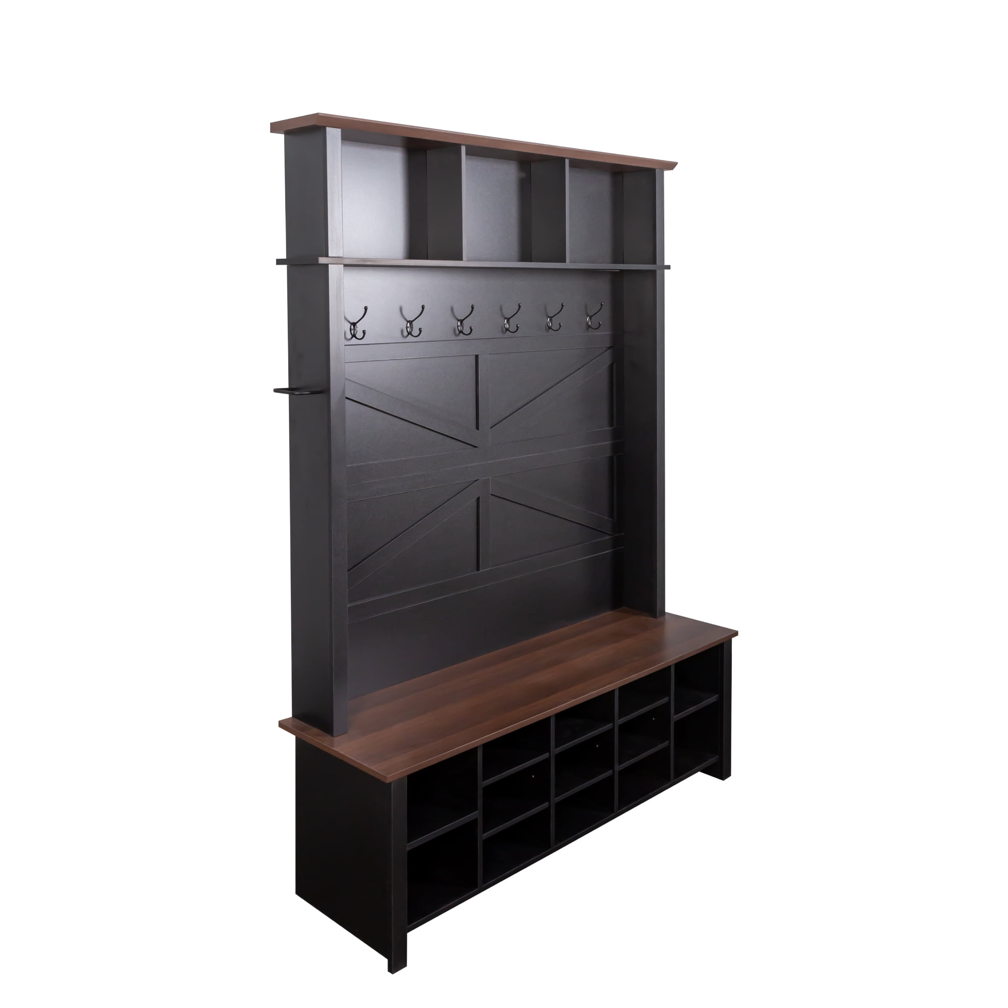 Euroco Farmhouse Hall Tree with 6 Hooks,Adjustable Shelves and 16 Open Compartments