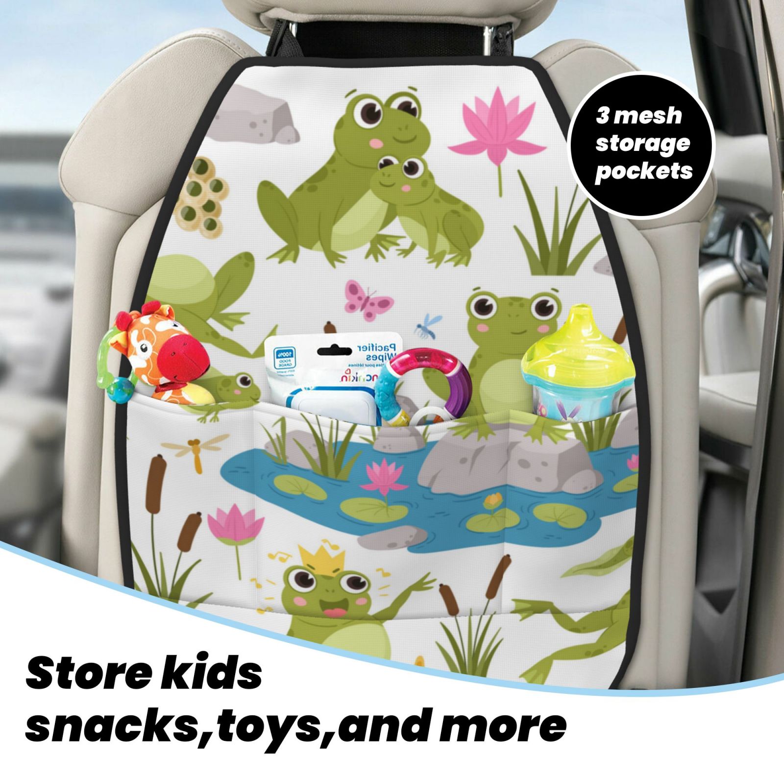 Xecao Cartoon Frogs Pattern Car Seat Back Protector 2 Pack Large Capacity Pocket, Kick Mats Back Seat Protector