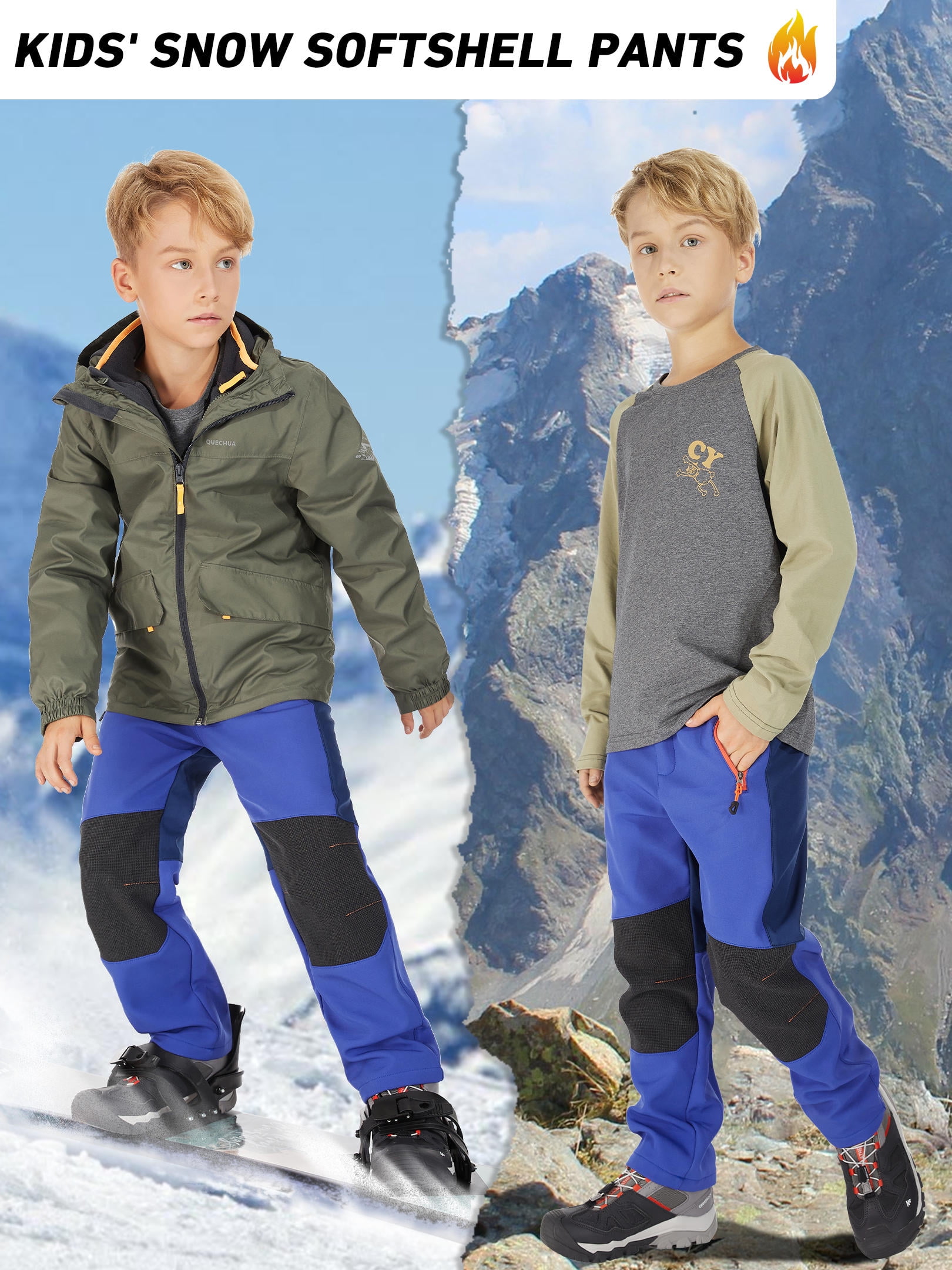 FEN AI Boy's Kids Youth Ski Snow Pants Windproof Waterproof Hiking Pant Expandable Waist Soft Shell Winter Warm Insulated Trousers Blue Size 4-5