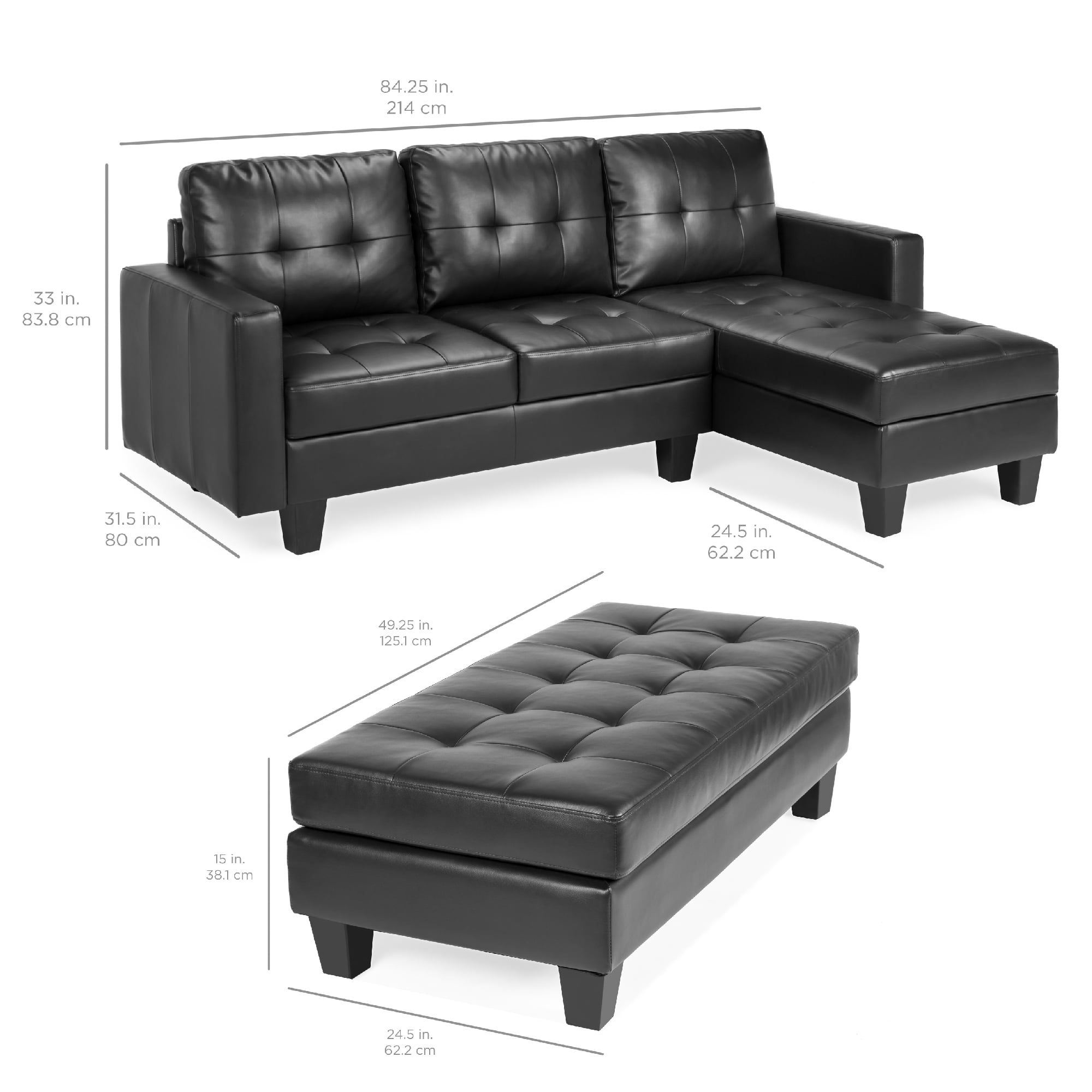 Best Choice Products 3 Seat L Shape Tufted Faux Leather Sectional Sofa Couch Set W Chaise Lounge Ottoman Bench Black Walmart Com Walmart Com