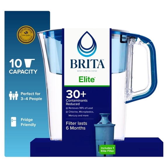 Brita 10 Cup Large Plastic Water Filter Pitcher, Blue, BPA Free with 1 Elite Brita Filter