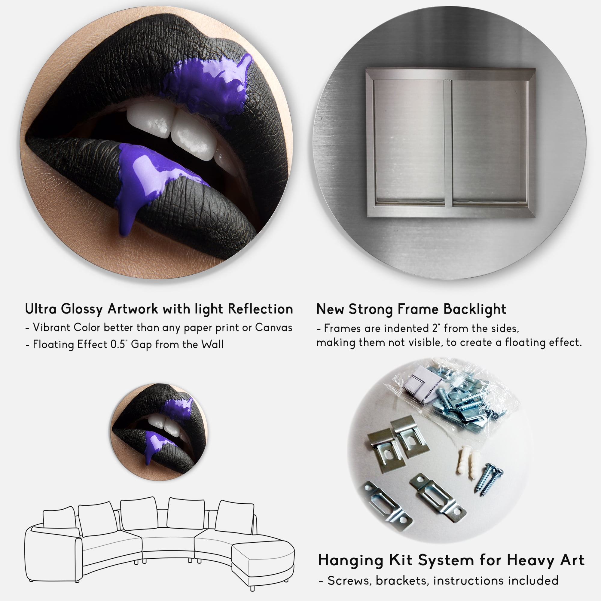 Designart 'Woman Lips With Black Lipstick & Purple Paint' Modern Circle Metal Wall Art 29x29 - Disc of 29