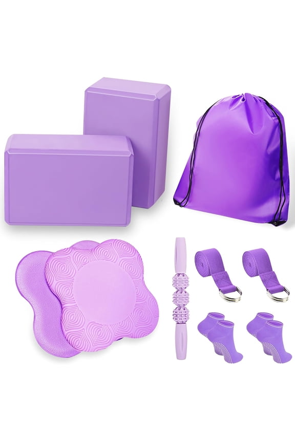2 Yoga Blocks Supportive Accessories including 2 Knee Pads, 2 With Strap To Put Less Weight On Wrists, 1 Muscle Massage Roller, 2 Pair of Non-Slip Pilates Socks, 1 GYM Bag, Durable Versatile Yoga