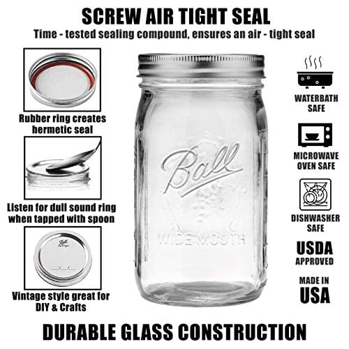 Ball Mason Jars Wide Mouth 32 oz Bundle with Non Slip Jar Opener brand BHL Jars - Set of 4 Quart Size Mason Jars - Canning Glass Jars with Lids