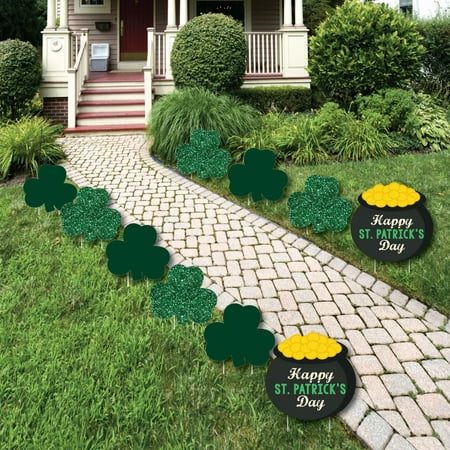 St. Patrick's Day - Shamrock and Pot of Gold Lawn Decorations - Outdoor Saint Patty's Day Party Yard Decorations - 10 Ct
