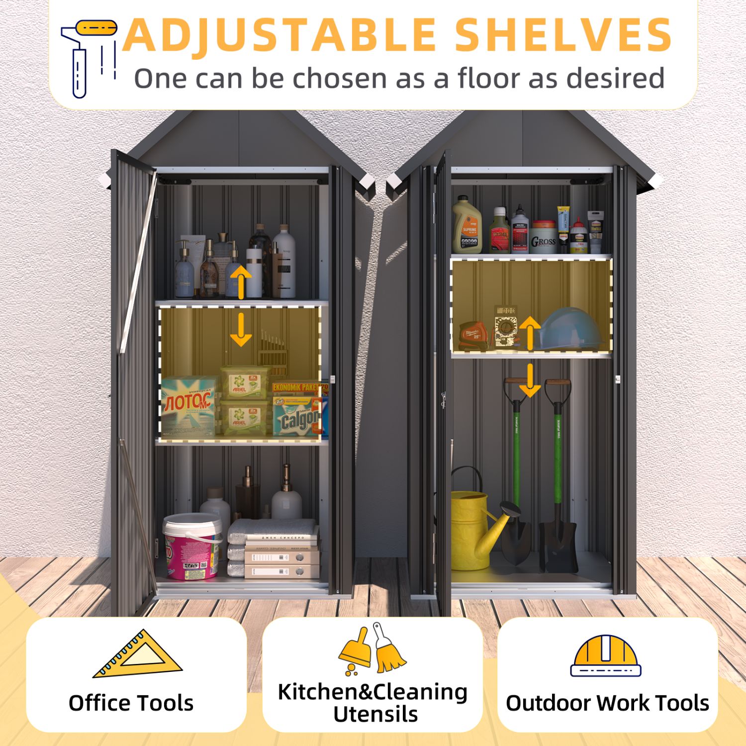 AECOJOY Outdoor Storage Shed with Floor & Metal Small Cabinet Waterproof with Shelves for Patio in Dark Grey