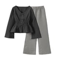 thumbnail image 2 of SGFCWSX Girls 2 Piece Outfits Bell Sleeve V Neck Peplum Tops Striped Wide Leg Pants Casual Clothes Set Black Size 15, 2 of 8