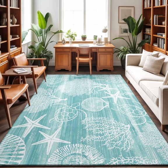 Area Rugs 4'x6'. Turquoise Coastal Carpet Runner Indoor Outdoor Rugs Home Decor Aesthetic, Nautical Coral Starfish Shell Turtle Summer Non Slip Mats Washable Accent Rug for Living Room Bedroom